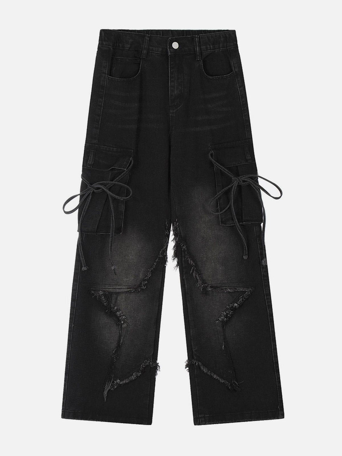 Front view of black fringe star washed jeans by TALISHKO, featuring unique cargo pocket ties.