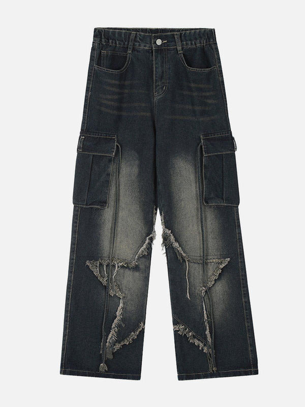 Front view of blue fringe star washed jeans by TALISHKO, featuring a relaxed, edgy design.