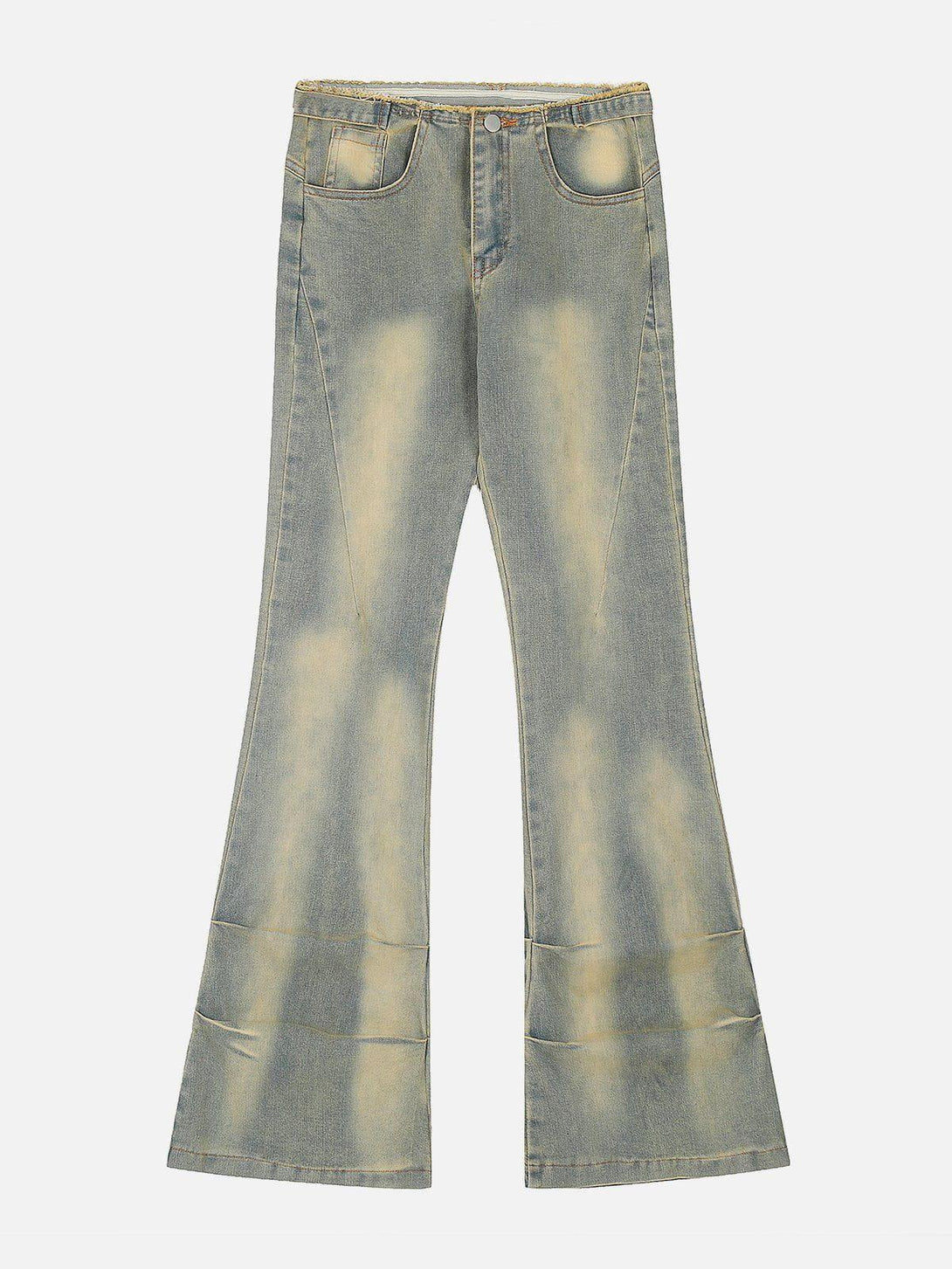 Front view of blue flare jeans with a fringe waist, showcasing TALISHKO's unique style.