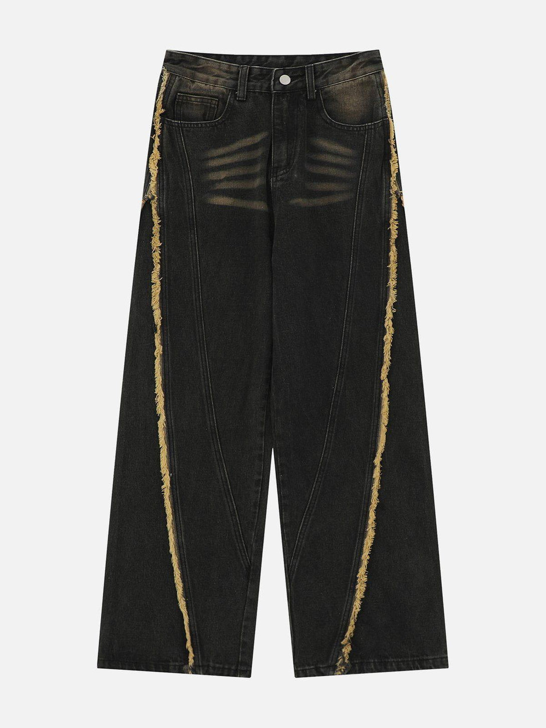 Front view of black fringe washed jeans by TALISHKO, featuring unique distressed details.