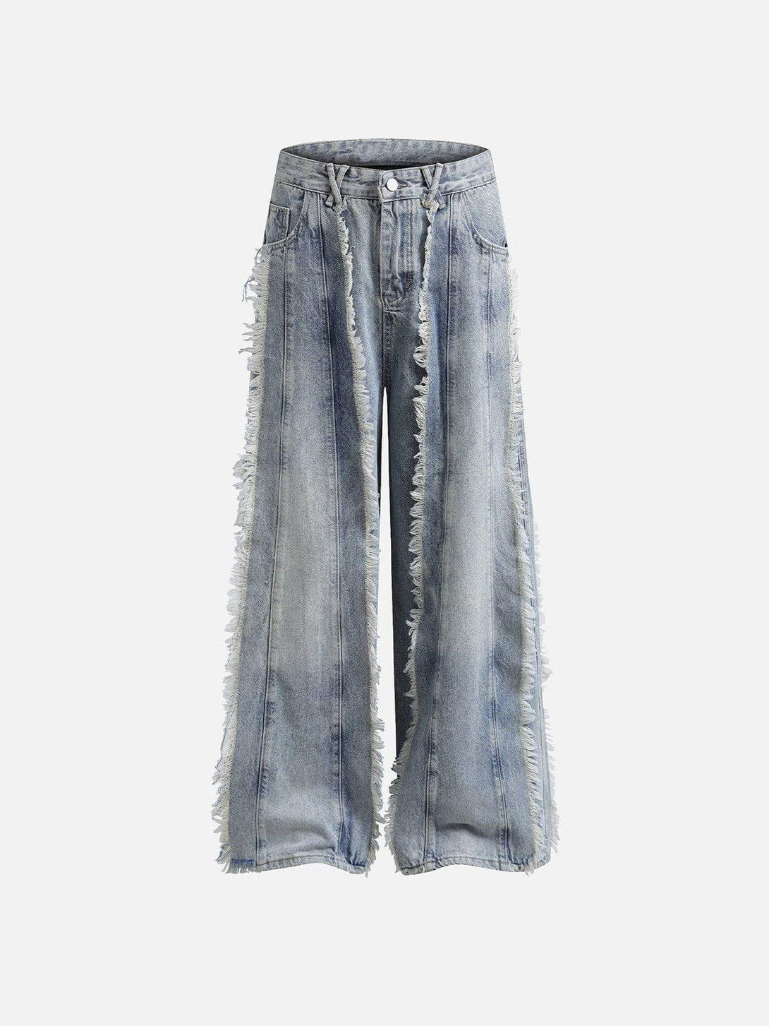 Frayed blue jeans by TALISHKO, showcasing a unique wide-leg design in a front view.
