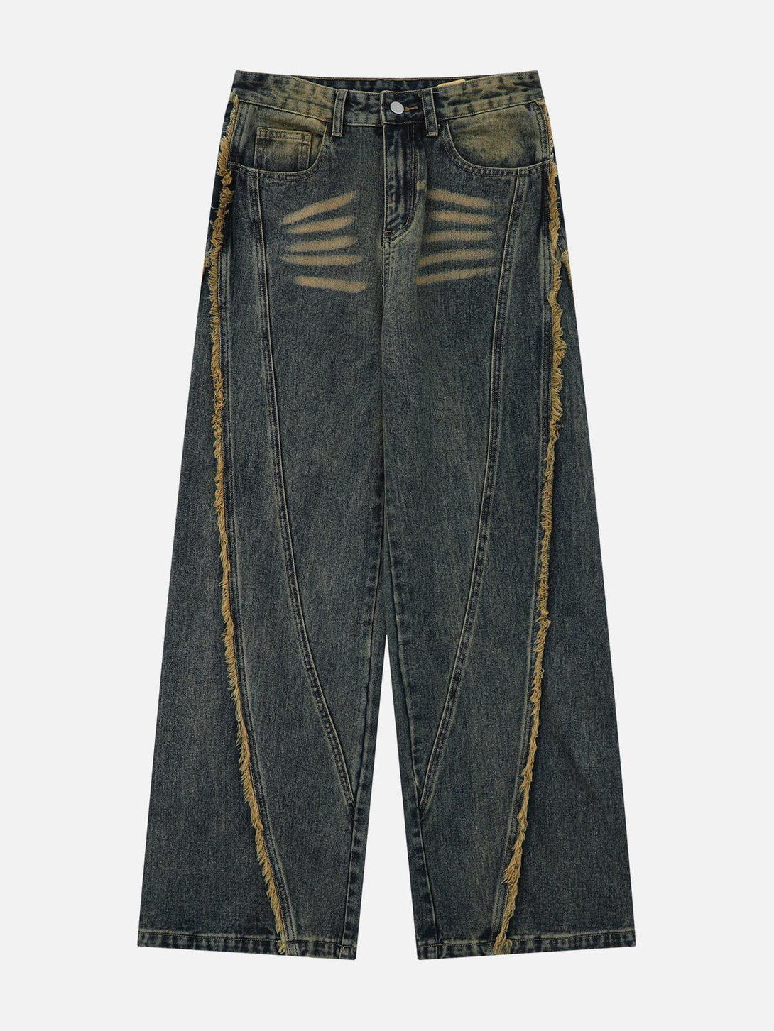 Fringe washed jeans in blue by TALISHKO, showcasing distressed details on the front.
