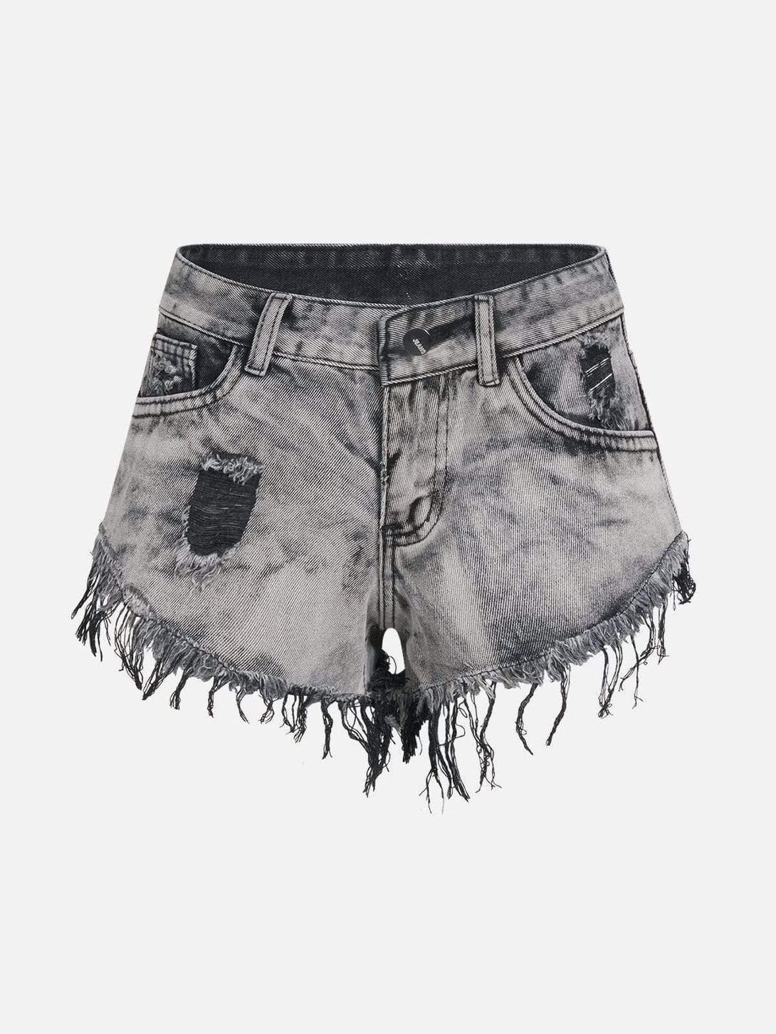 Front view of gray fringe washed shorts by TALISHKO, showcasing a distressed, edgy style.