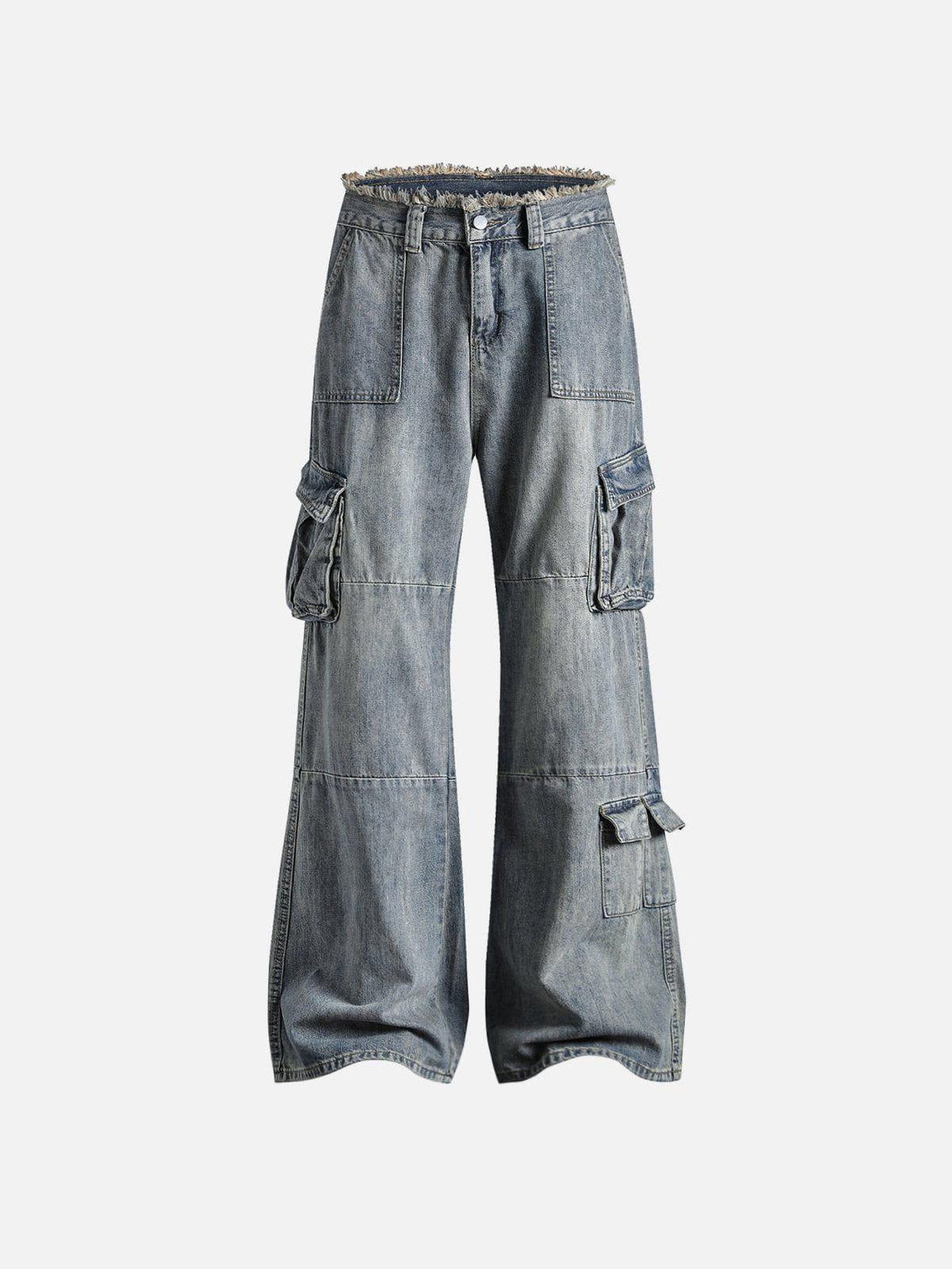 Front view of blue multi-pocket jeans by TALISHKO, featuring a fringe waist detail.