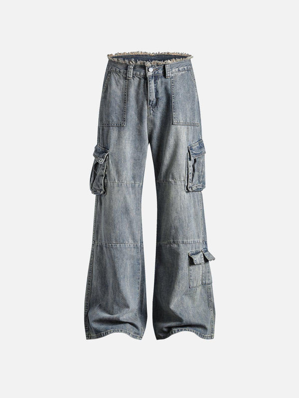 Front view of blue multi-pocket jeans by TALISHKO, featuring a fringe waist detail.