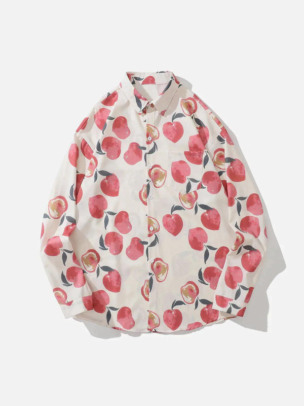 Front view of a white fruit print long-sleeved shirt by TALISHKO, perfect for casual style.
