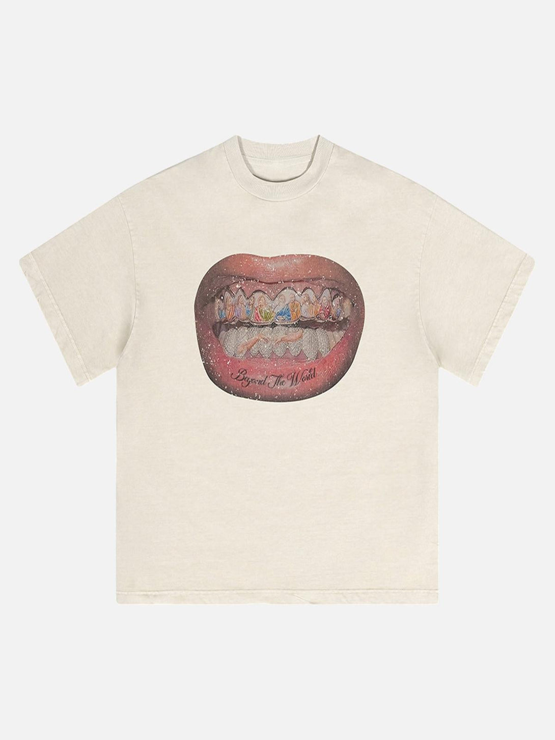 Front view of a beige T-shirt with a bold teeth graphic by TALISHKO, ideal for casual wear.