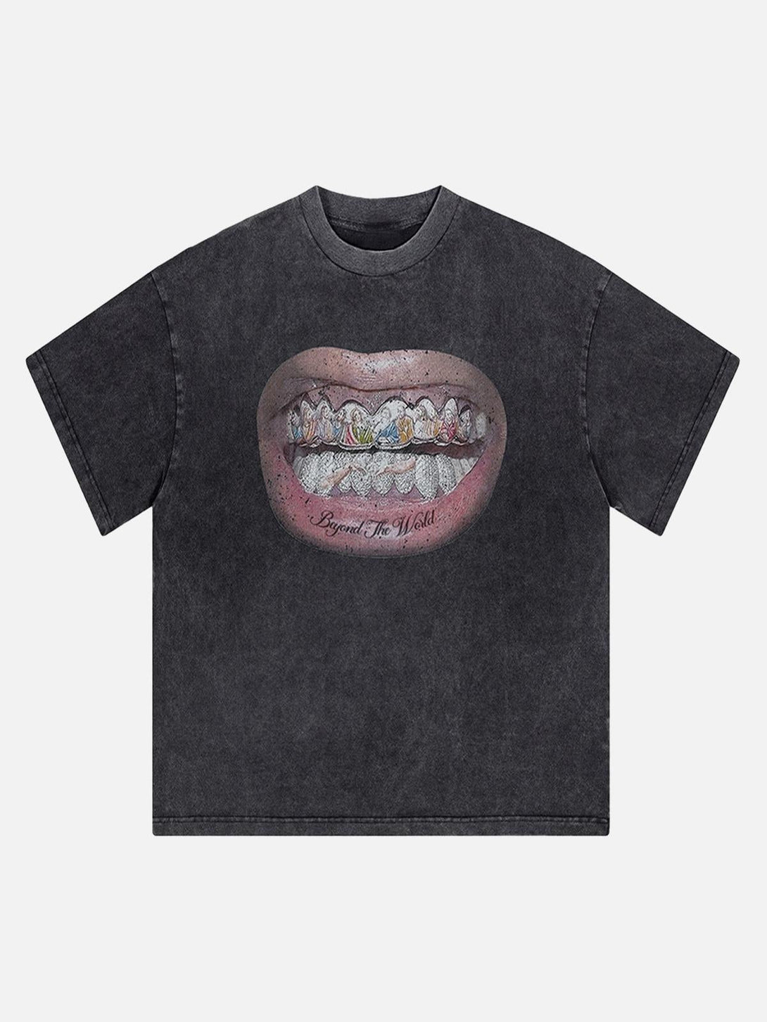 Front view of a black T-shirt featuring a unique teeth graphic by TALISHKO, perfect for bold style.