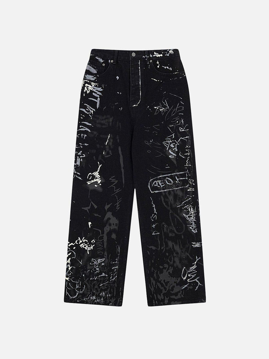 Front view of black graffiti-style loose jeans by TALISHKO, featuring bold artistic prints.