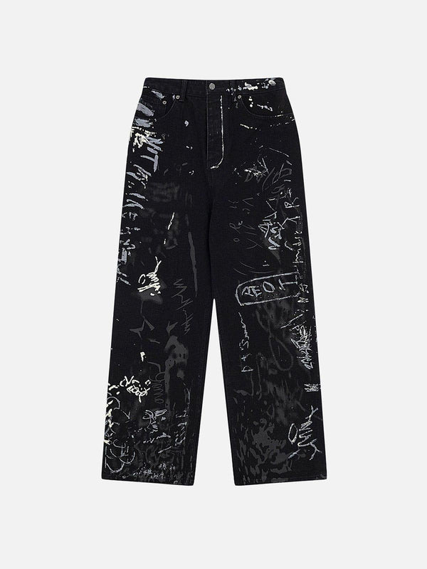 Front view of black graffiti-style loose jeans by TALISHKO, featuring bold artistic prints.