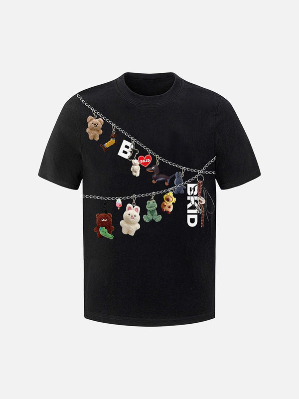 Front view of a black Fun Cartoon Print T-Shirt by TALISHKO with playful character designs.