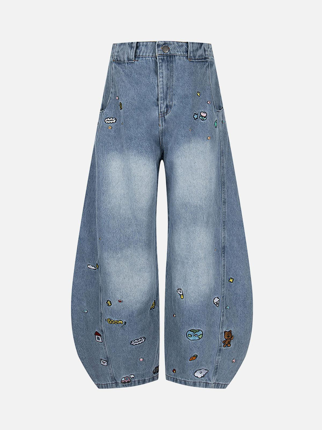Front view of blue barrel jeans by TALISHKO with whimsical embroidered designs.