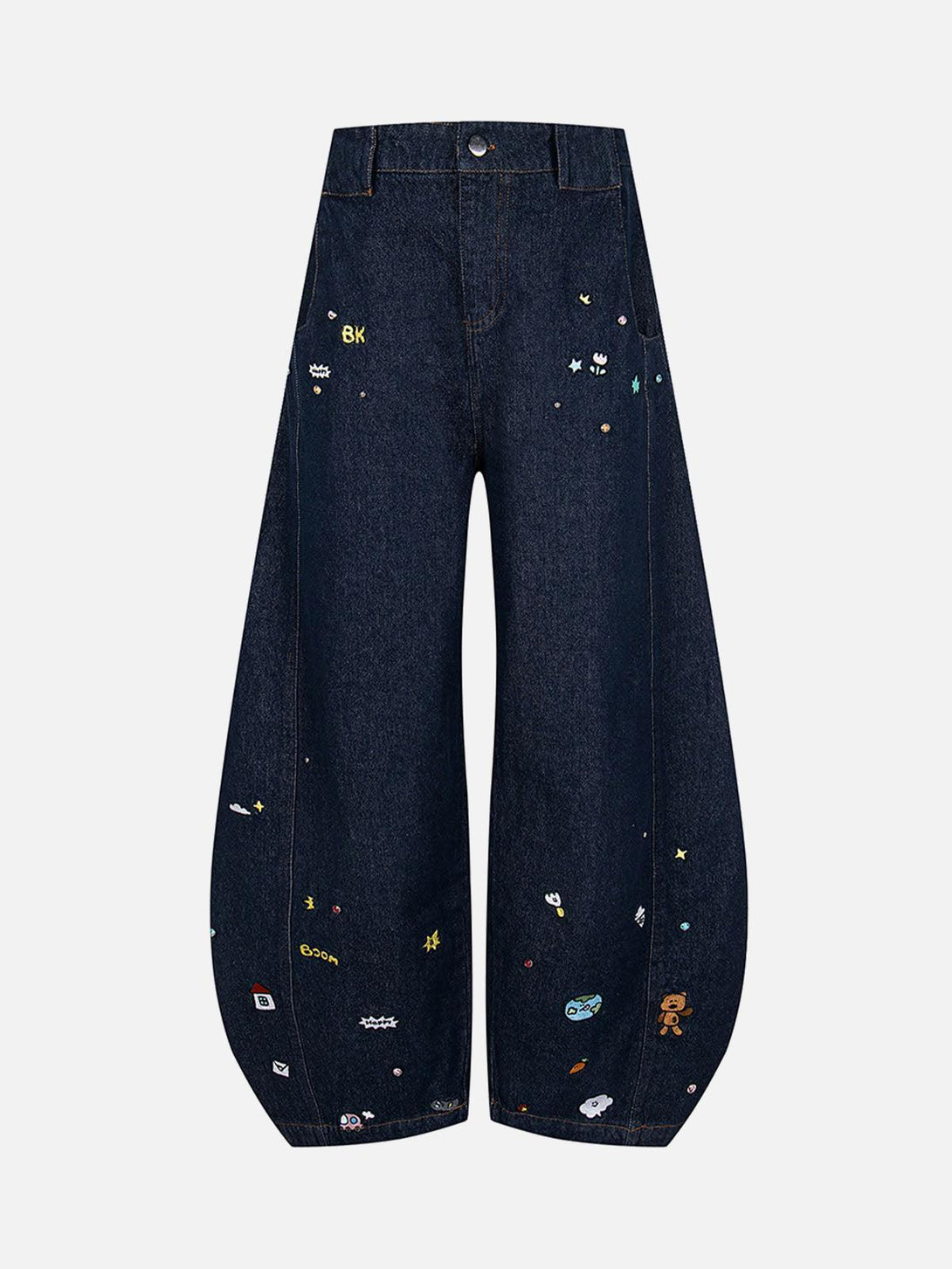 Front view of navy barrel jeans by TALISHKO, featuring playful embroidery details.