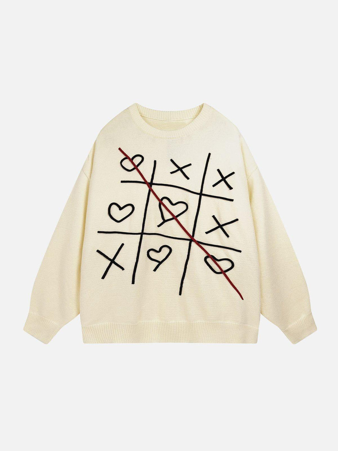 Front view of an apricot sweater by TALISHKO with a playful tic-tac-toe design.