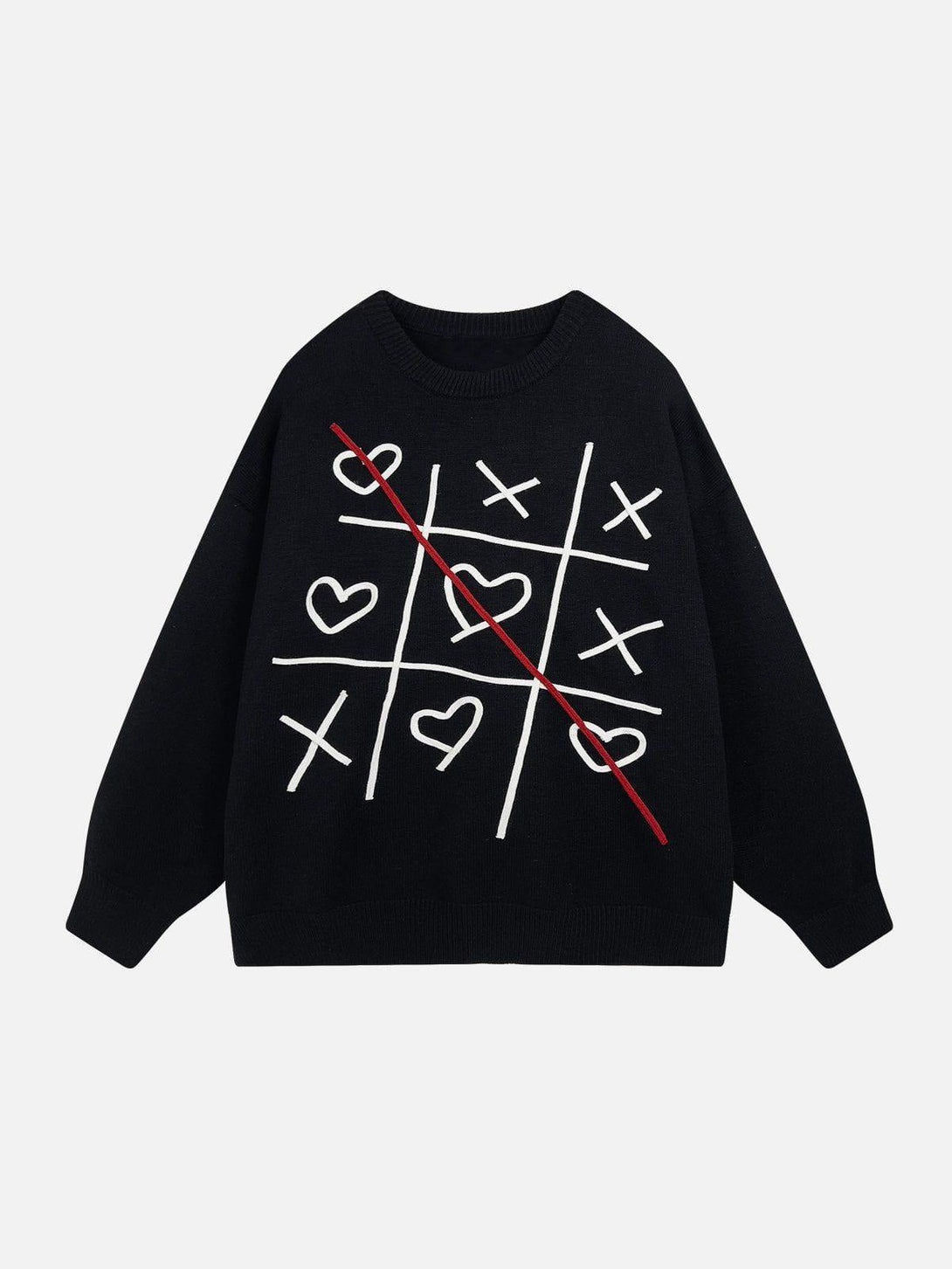 Front view of a black sweater with playful tic-tac-toe embroidery by TALISHKO.