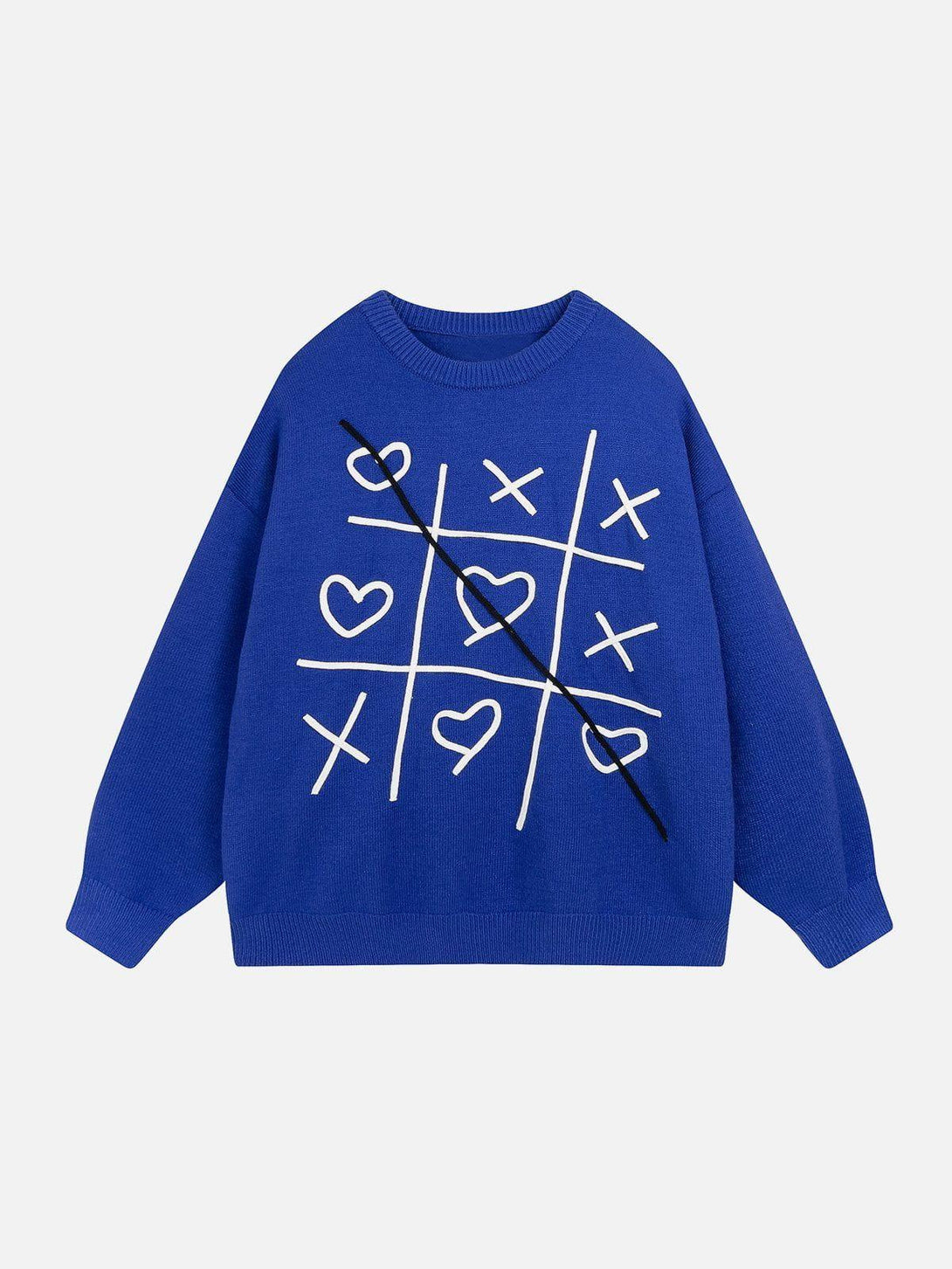 Front view of a blue Fun Embroidery Sweater with playful tic-tac-toe design by TALISHKO.