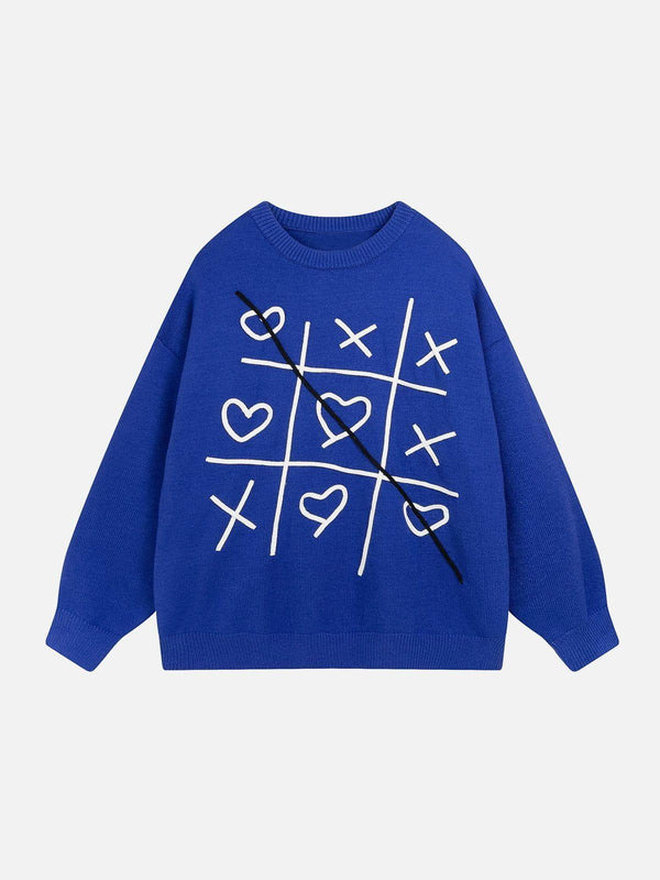 Front view of a blue Fun Embroidery Sweater with playful tic-tac-toe design by TALISHKO.