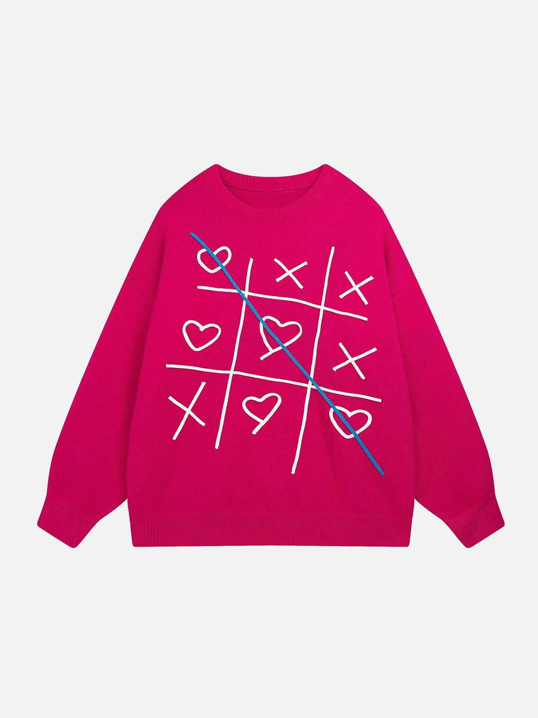 Front view of a red Fun Embroidery Sweater with tic-tac-toe design by TALISHKO.