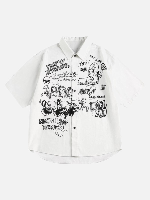 Front view of a white short sleeve shirt with fun graffiti prints by TALISHKO, perfect for edgy style.