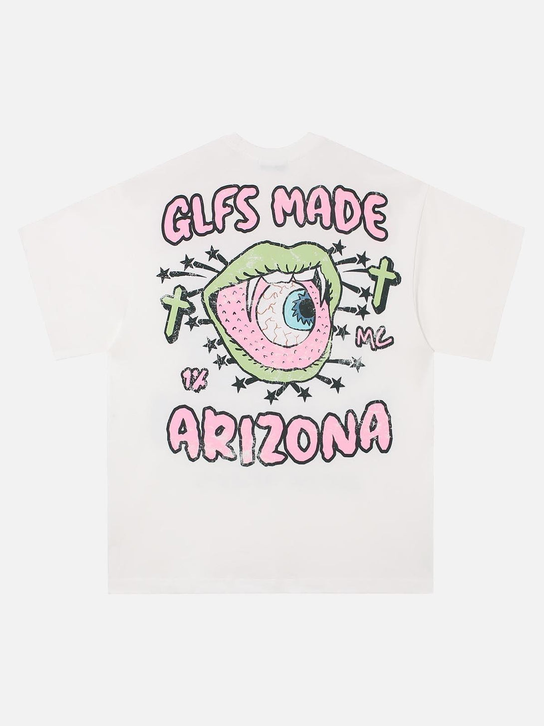 Back view of TALISHKO fun graphic print T-shirt in gray with bold, colorful design elements.