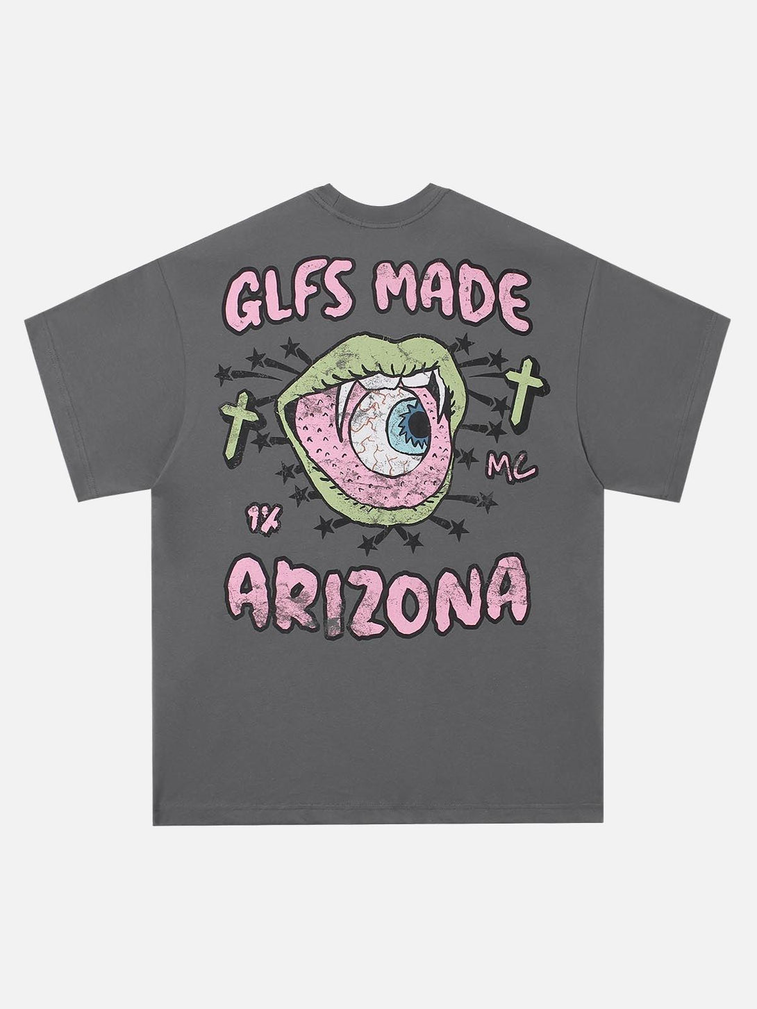 Back of TALISHKO's fun graphic print T-shirt in gray, featuring bold, colorful artwork.