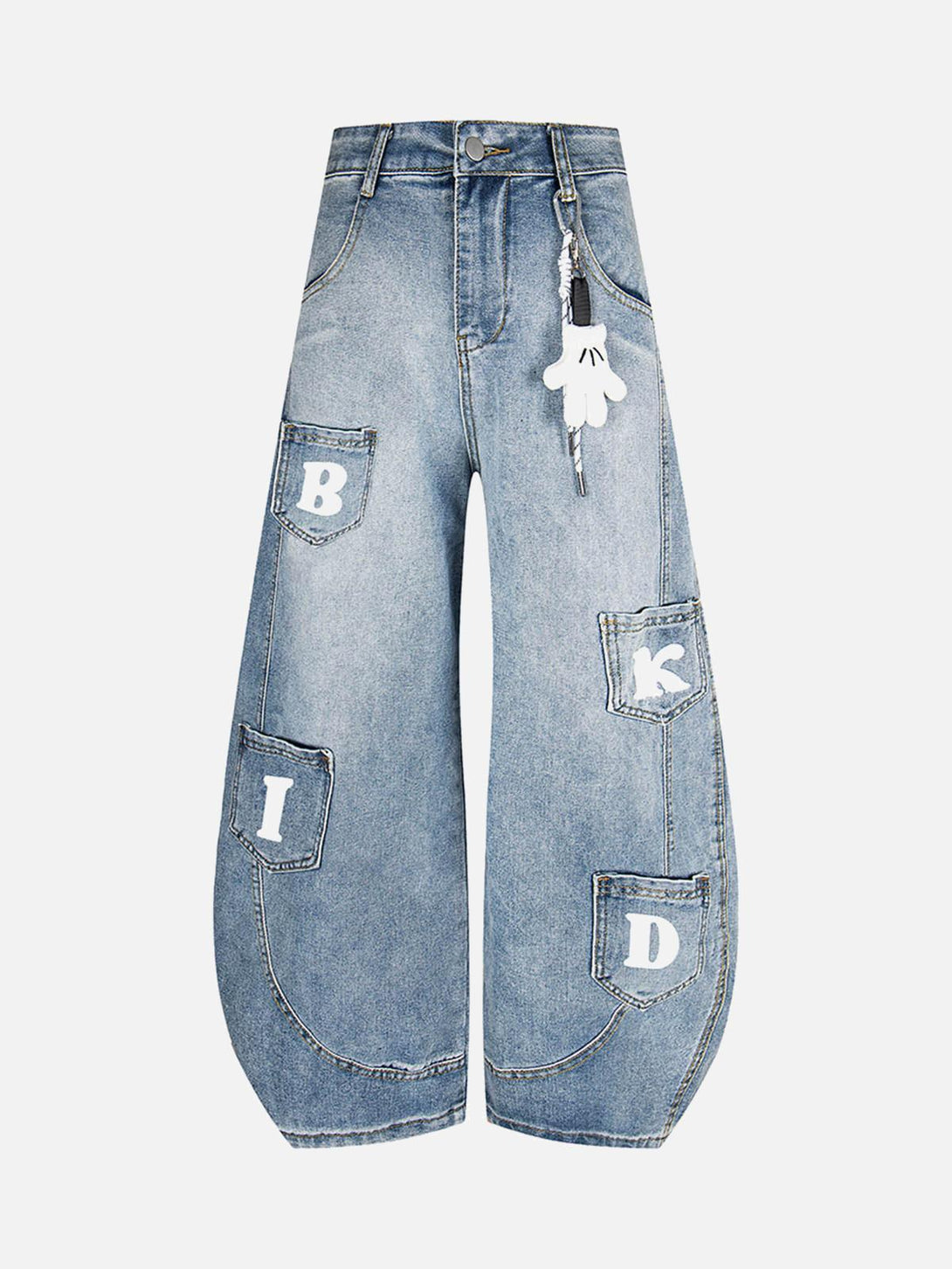 TALISHKO aqua blue barrel jeans featuring playful letter pockets and a keychain, front view.