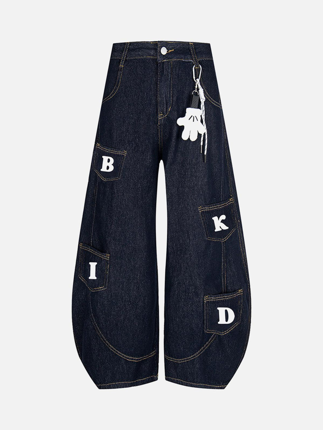 TALISHKO blue barrel jeans with playful letter pockets and keychain detail, front view.