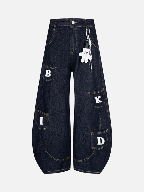 TALISHKO blue barrel jeans with playful letter pockets and keychain detail, front view.