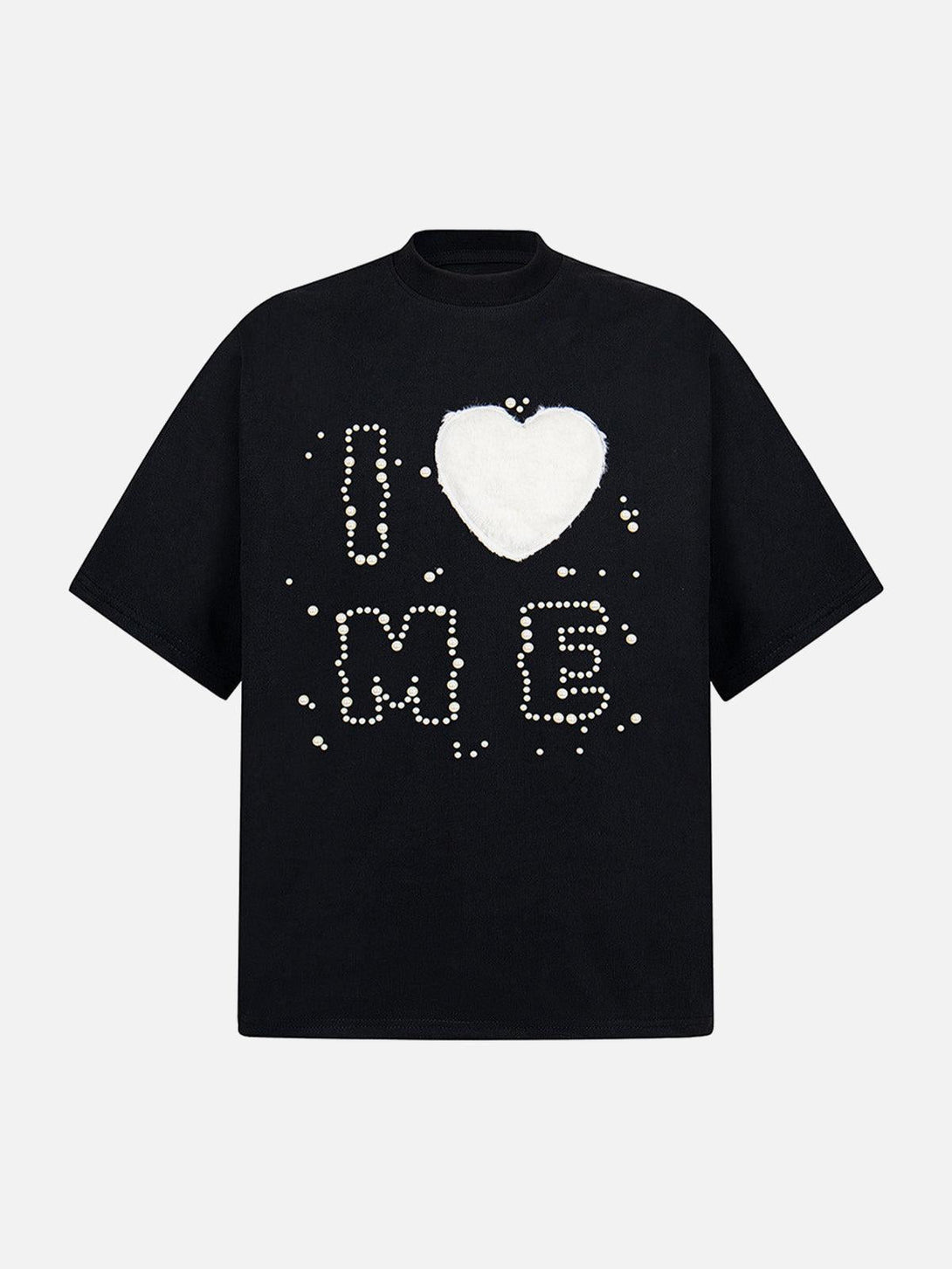 Front view of a black "Love Me" embellished T-shirt by TALISHKO, showcasing playful design.
