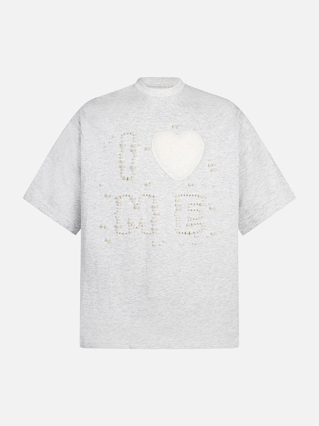 Front view of a gray "Love Me" embellished T-shirt, featuring a playful design by TALISHKO.