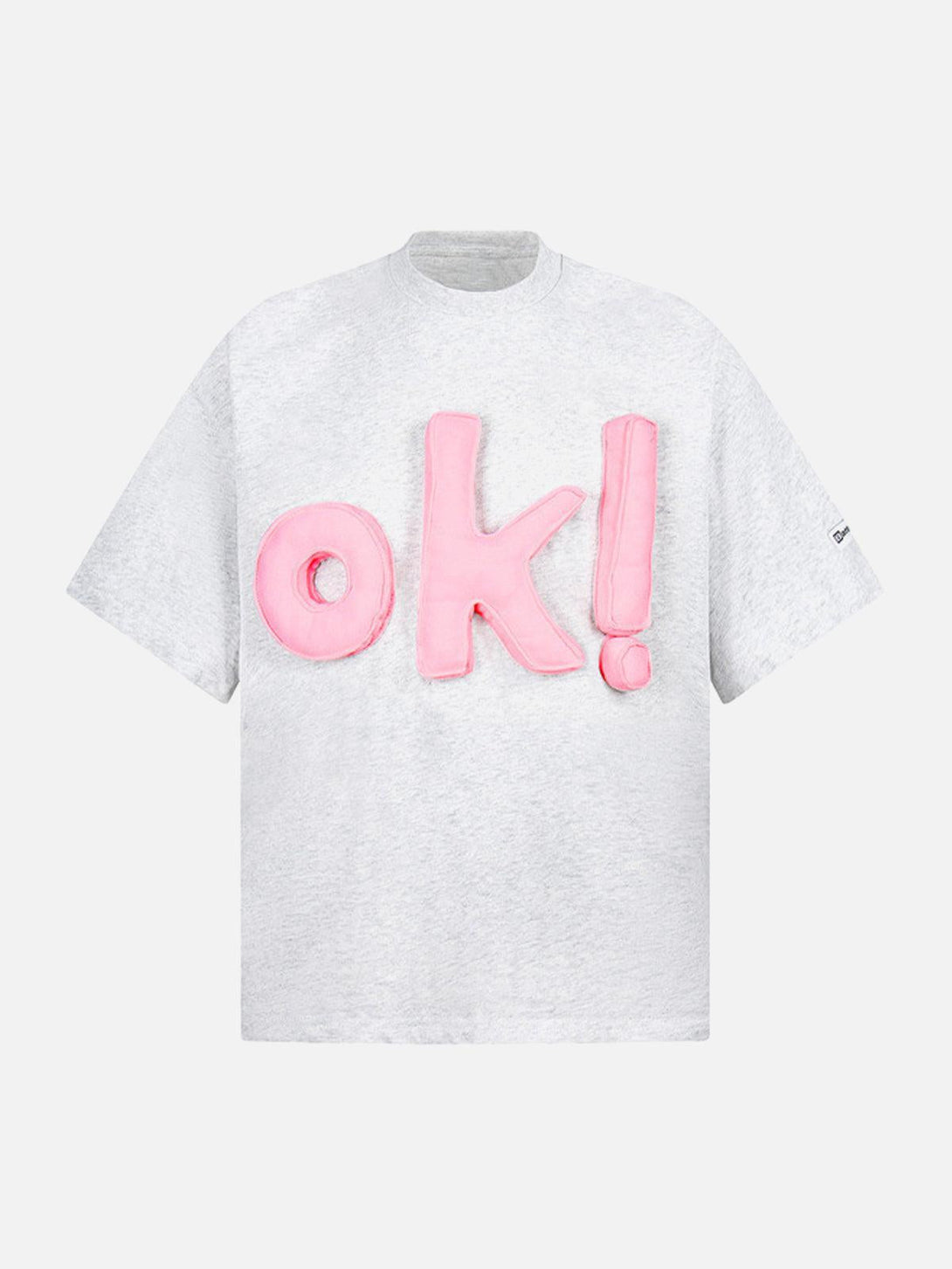 Front view of light gray graphic T-shirt with bold pink "OK!" design, crafted by TALISHKO.
