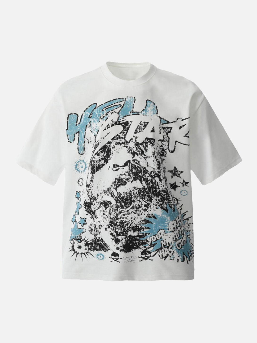 Front view of a white graphic T-shirt by TALISHKO featuring bold, artistic designs.