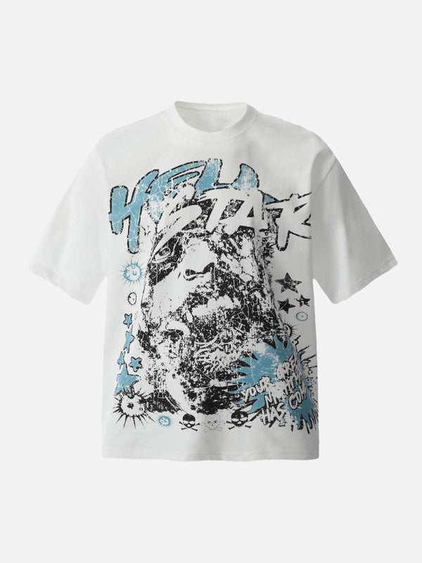 Front view of a white graphic T-shirt by TALISHKO featuring bold, artistic designs.
