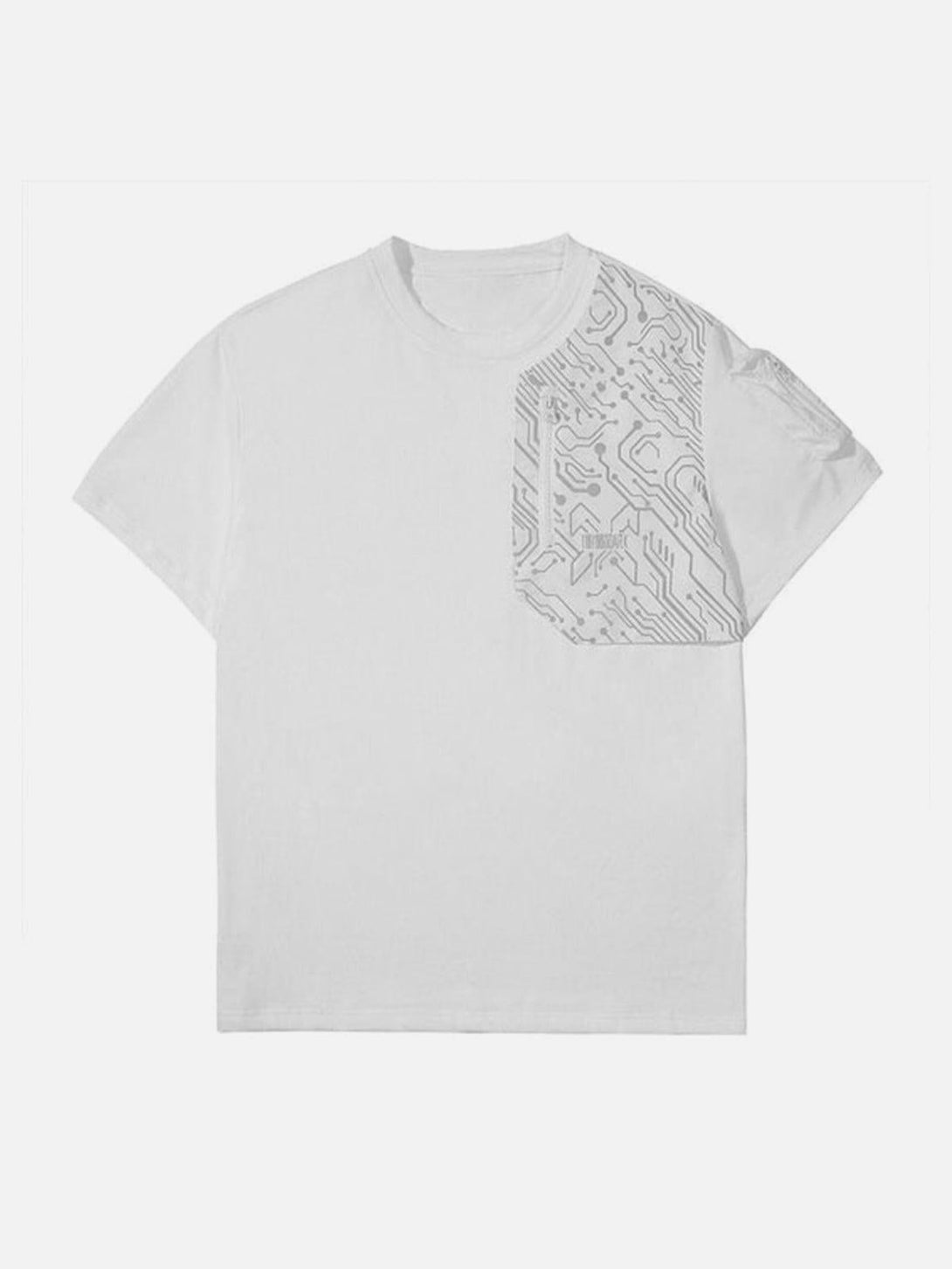 Front view of a white circuit graphic tee by TALISHKO, perfect for tech-inspired summer looks.