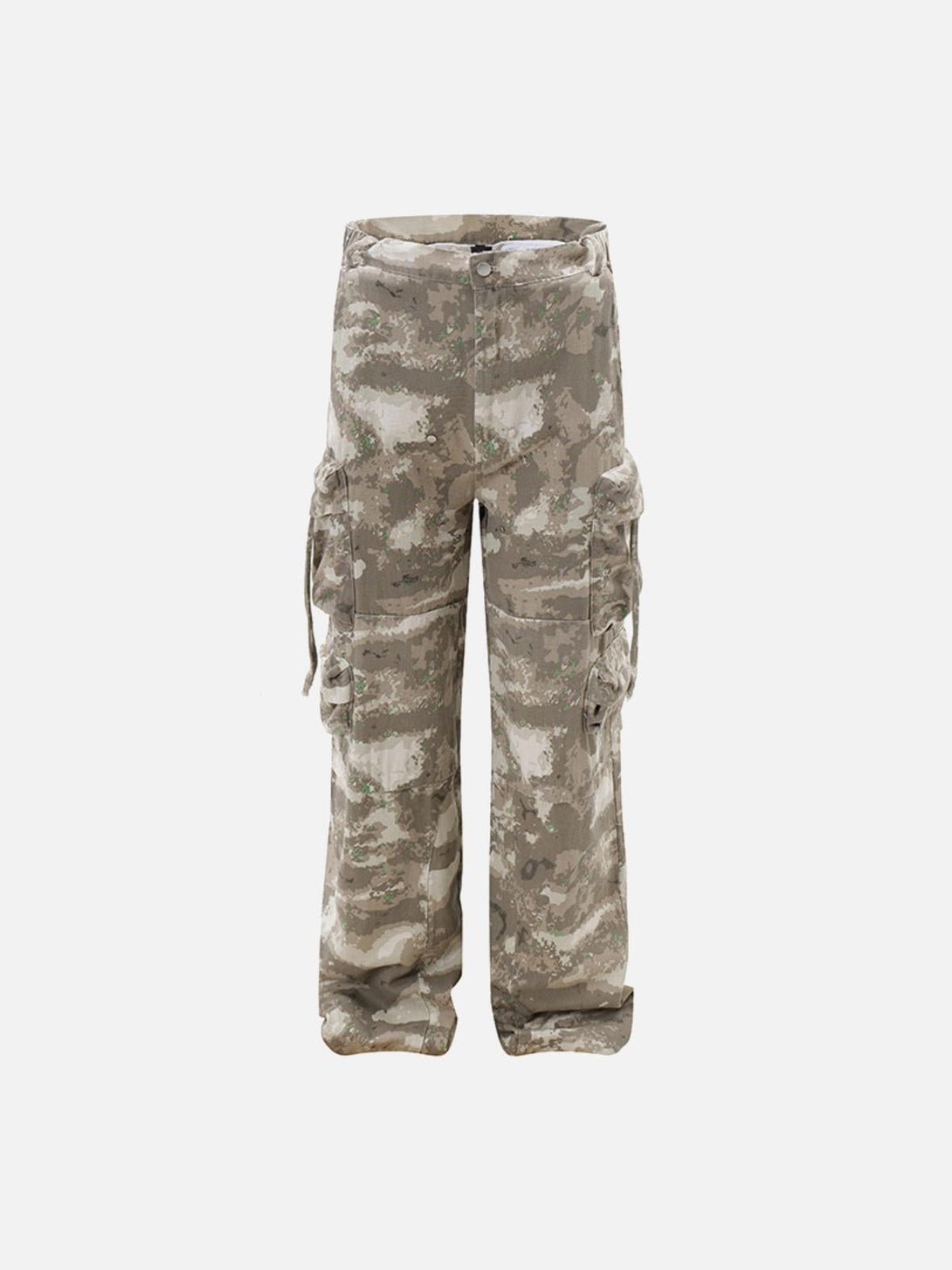 Front view of TALISHKO camouflage cargo pants featuring a relaxed, straight-leg design.