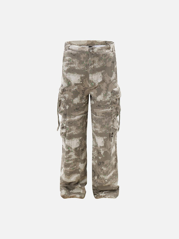 Front view of TALISHKO camouflage cargo pants featuring a relaxed, straight-leg design.