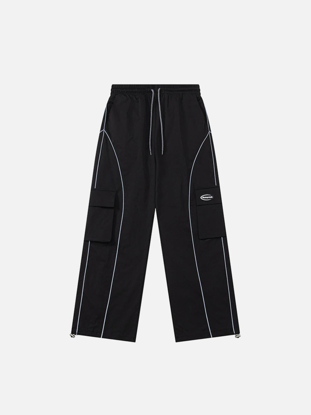 Front view of black cargo pants by TALISHKO, featuring sleek lines and functional pockets.