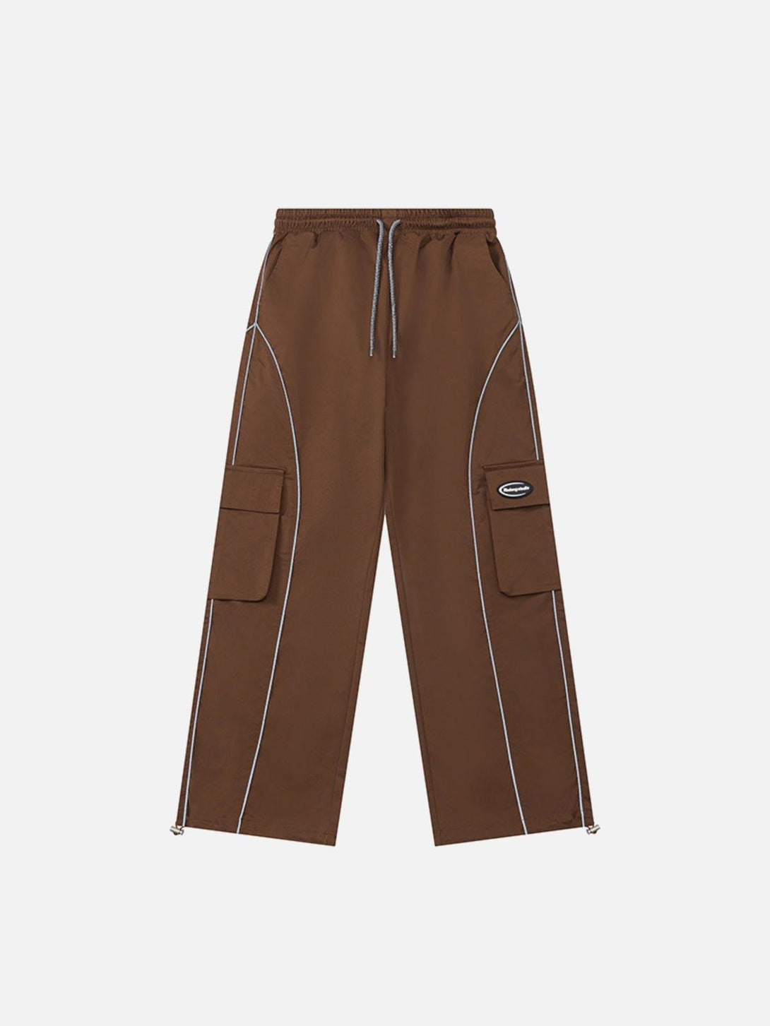 Front view of coffee cargo pants by TALISHKO, featuring functional pockets and modern stitching.
