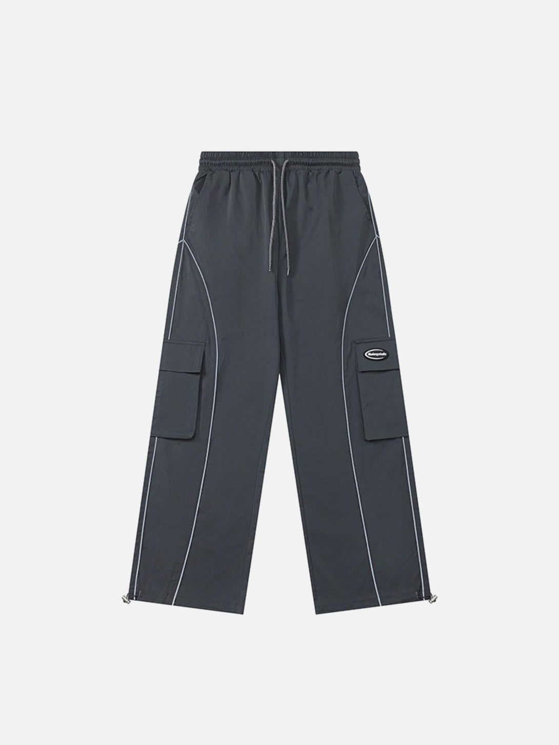 Front view of gray cargo pants by TALISHKO, showcasing functional pockets and sleek lines.