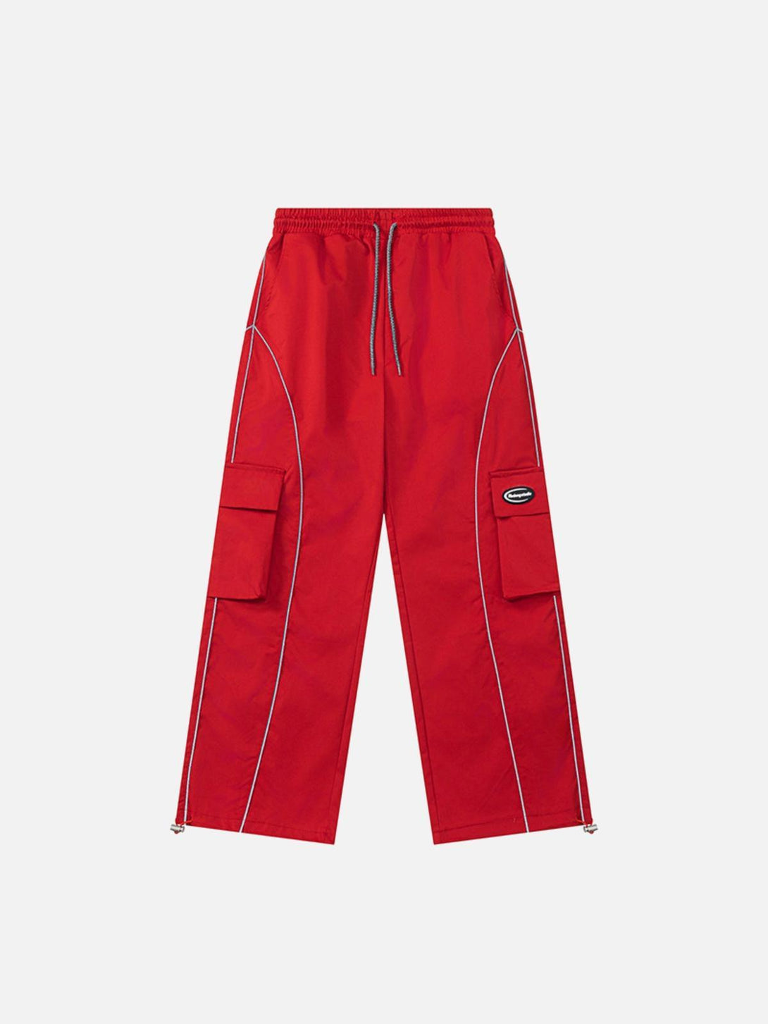 Red cargo pants by TALISHKO with a front view, featuring functional pockets and stylish stitching.