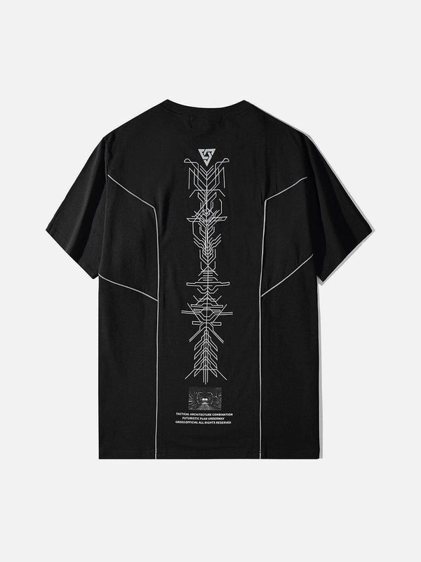 Back view of a black cotton tee with reflective geometric designs by TALISHKO.