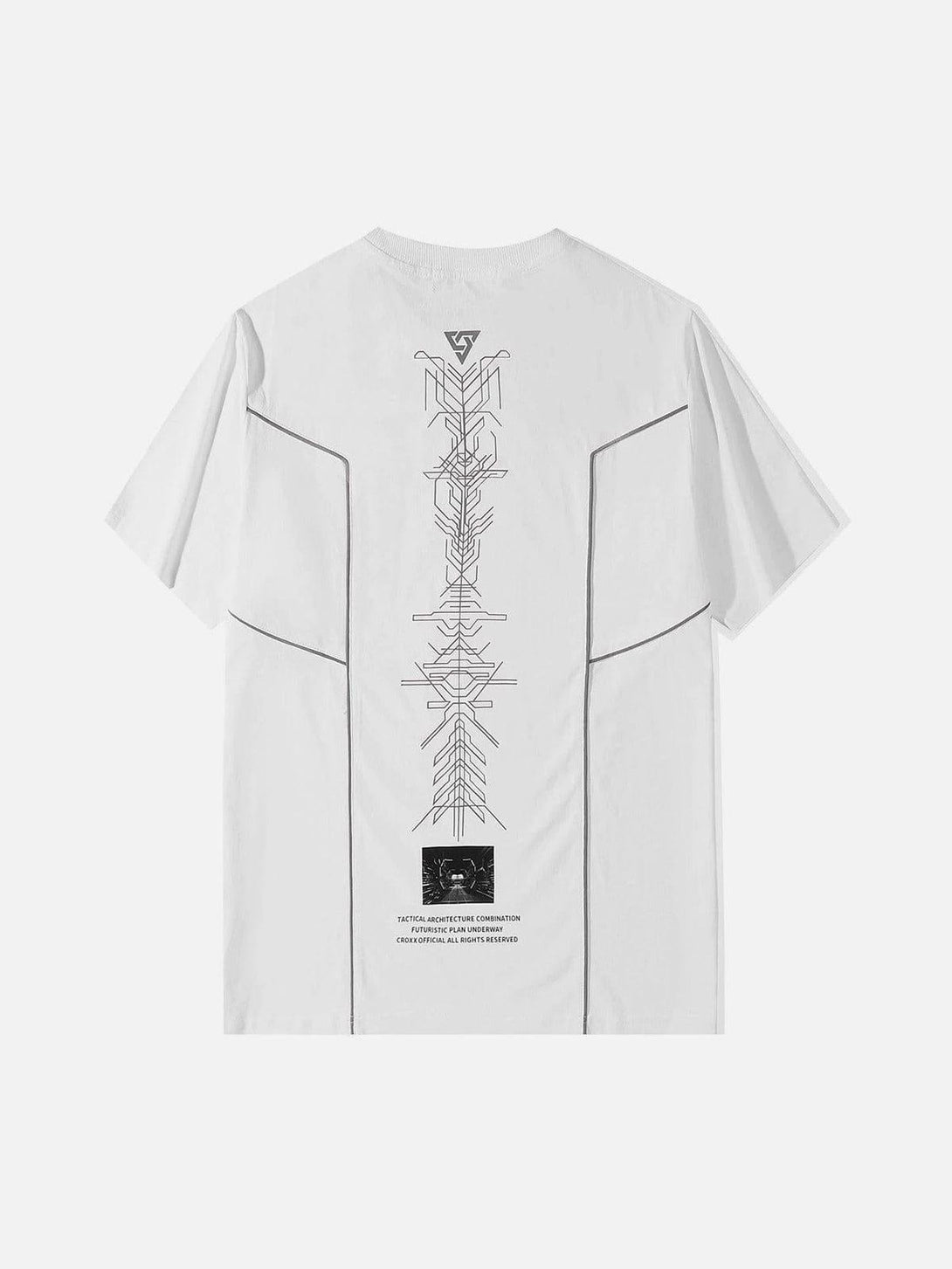 Back view of a white cotton tee featuring reflective geometric designs by TALISHKO.