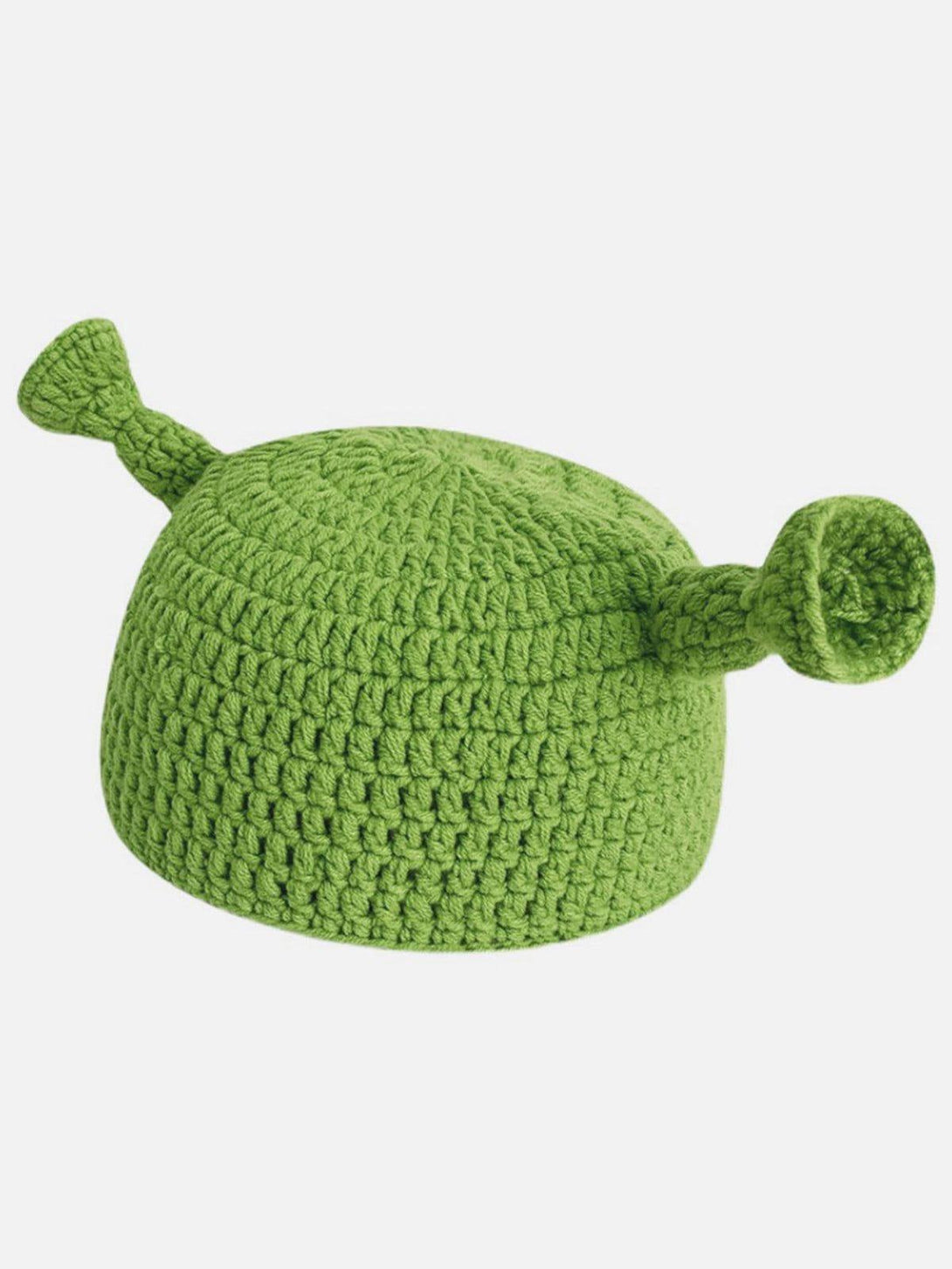 Green crochet beanie with playful ears by TALISHKO, perfect for adding a fun twist to any outfit.