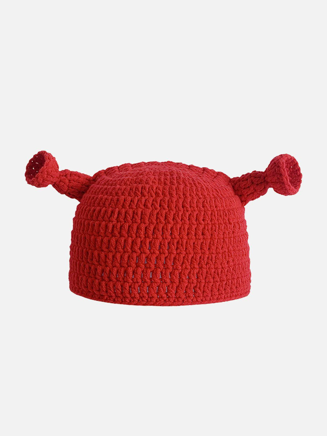 A vibrant red crochet beanie with playful ears by TALISHKO, adding a quirky touch to outfits.