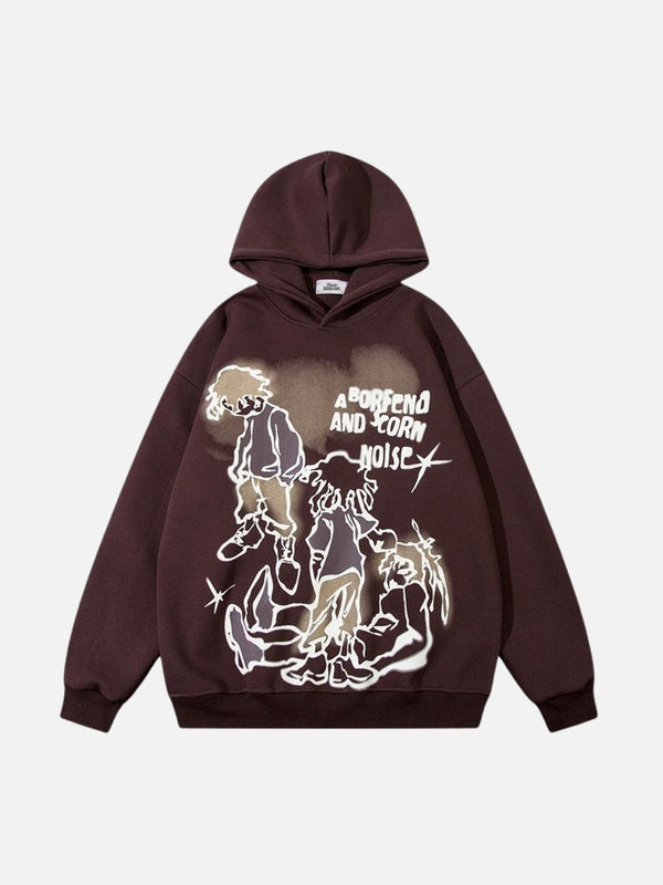 Brown cartoon graphic hoodie with a playful design by TALISHKO, shown in a front view.