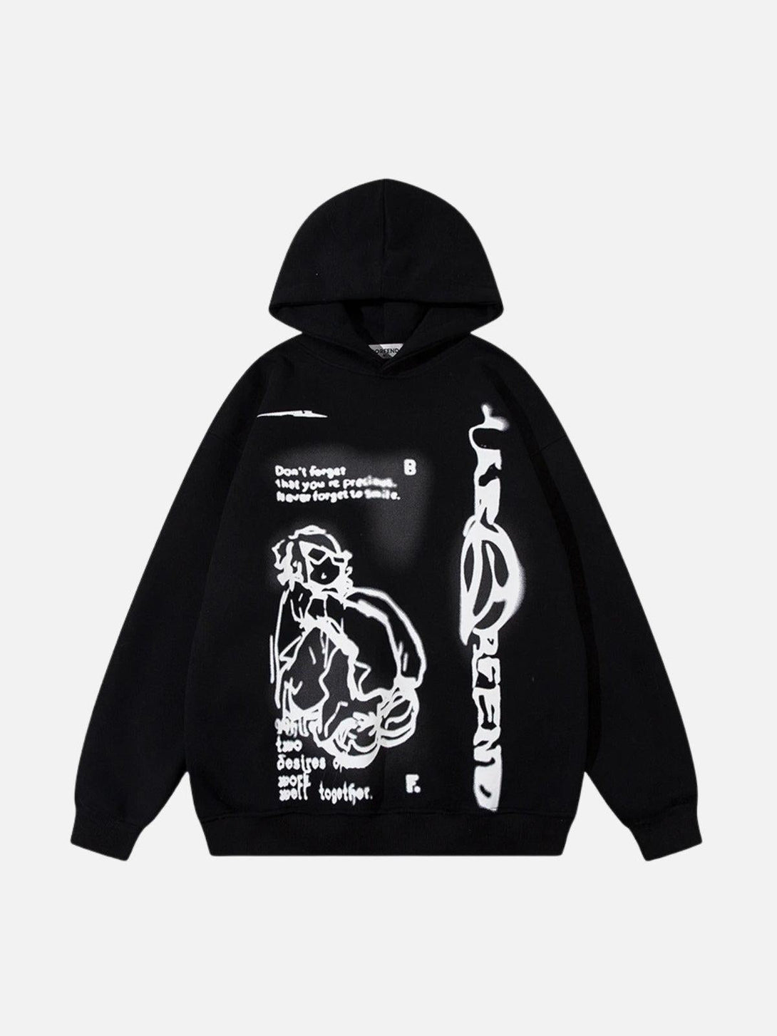 Front view of a black hoodie by TALISHKO featuring a unique cartoon print for casual street style.