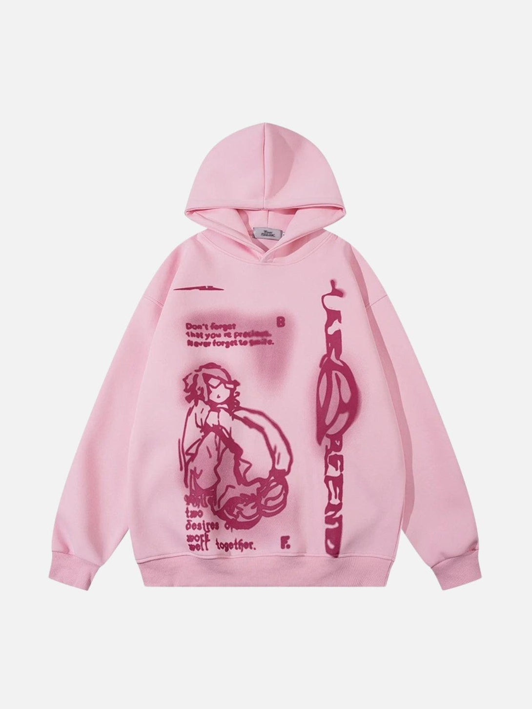Pink hoodie by TALISHKO with a playful cartoon print, perfect for a trendy street style.