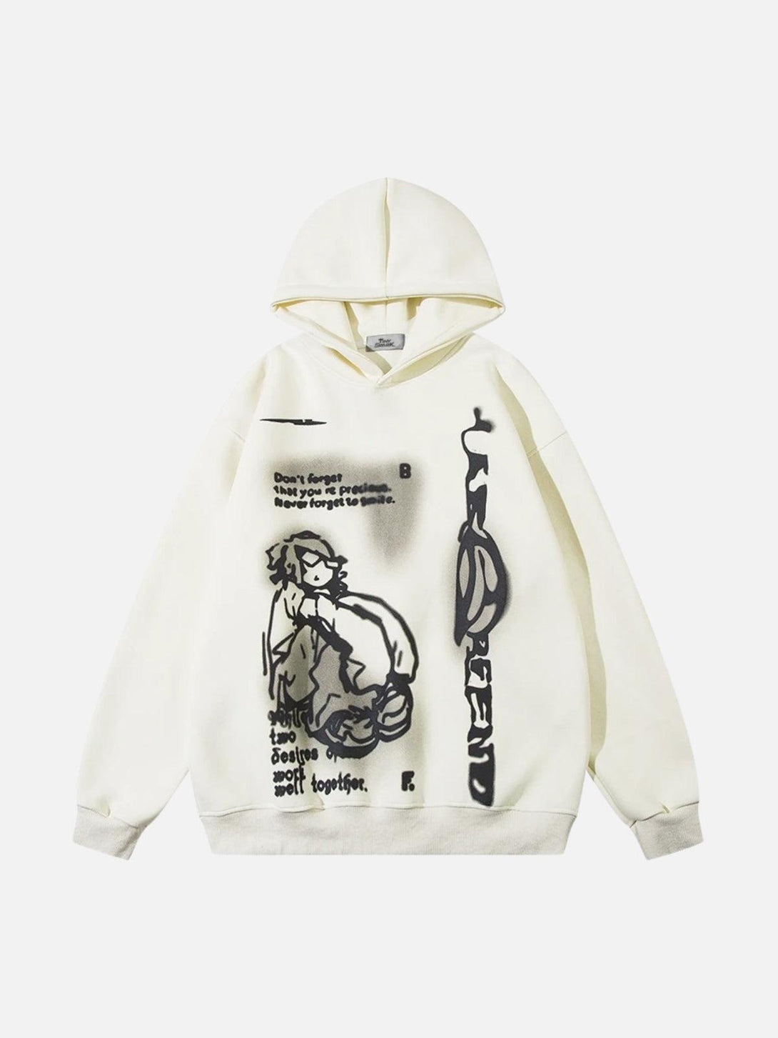 Front view of a white hoodie by TALISHKO featuring a quirky cartoon print for a stylish look.