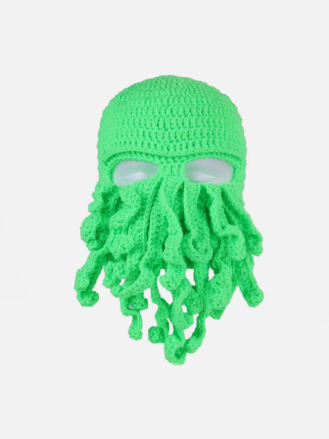 Front view of a vibrant green knit octopus hat by TALISHKO, showcasing playful tentacle design.