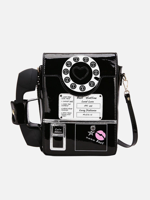 Front view of a black phone booth bag by TALISHKO, featuring playful retro details.